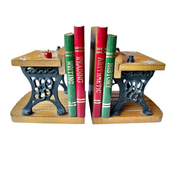 Vintage School Desk Bookends With Chalkboard Design & Apple Accents - Picture 1 of 14